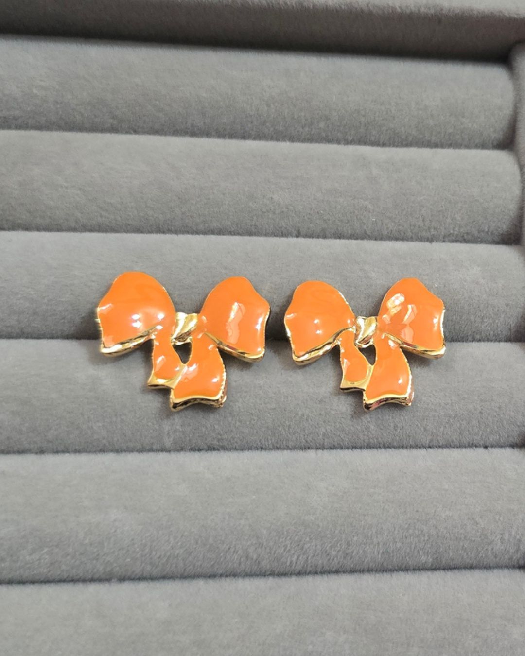 Orange Enamel Bow Stud Earrings