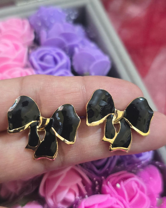 Black Enamel Bow Stud Earrings