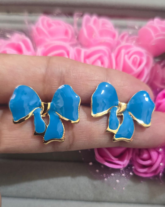Blue Enamel Bow Stud Earrings