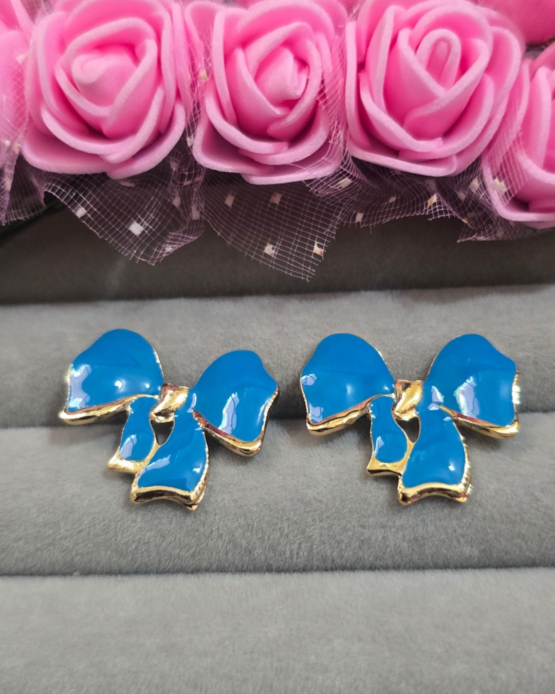 Blue Enamel Bow Stud Earrings