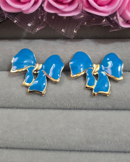 Blue Enamel Bow Stud Earrings