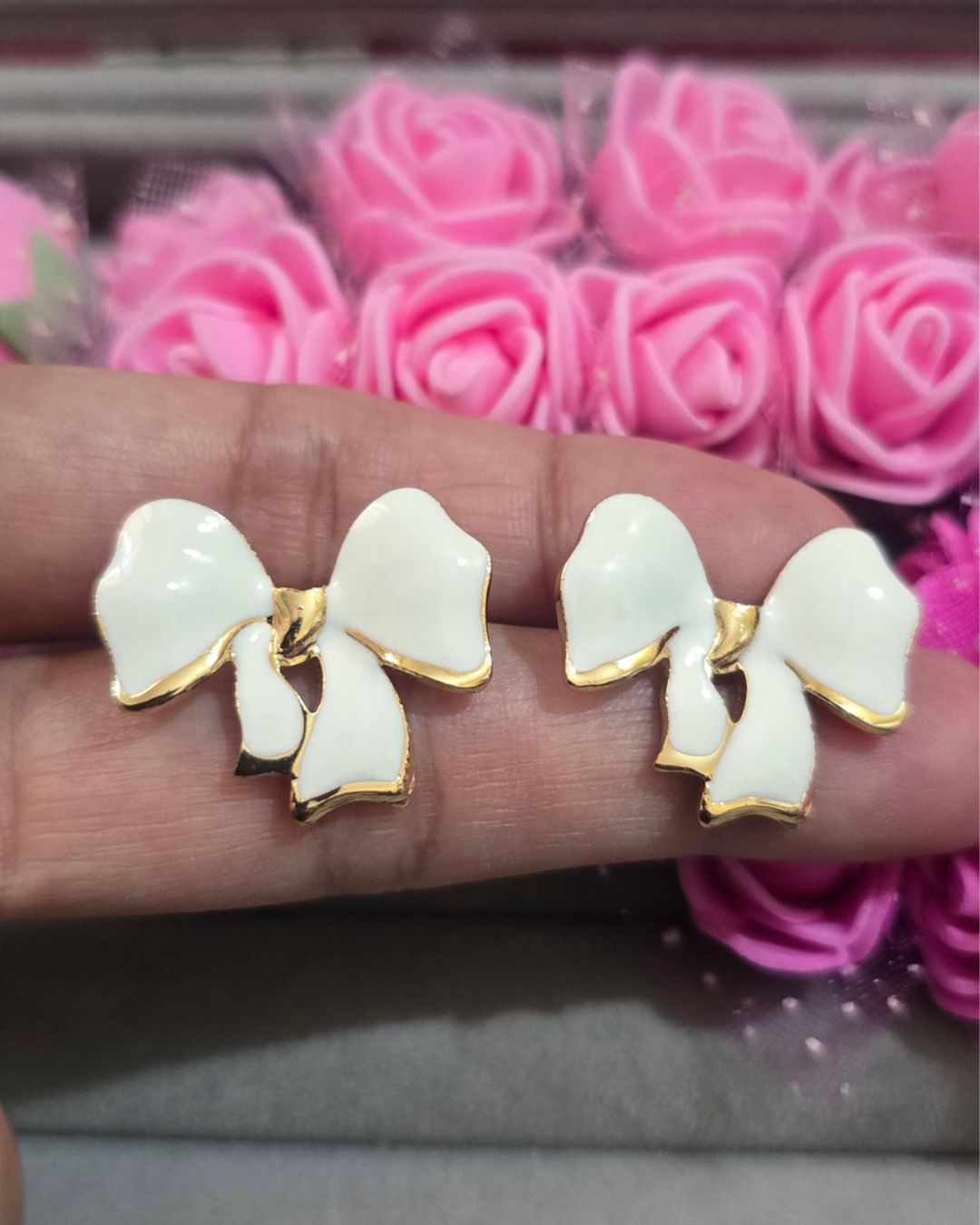 Ivory White Enamel Bow Stud Earrings