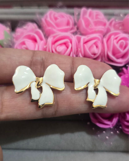 Ivory White Enamel Bow Stud Earrings