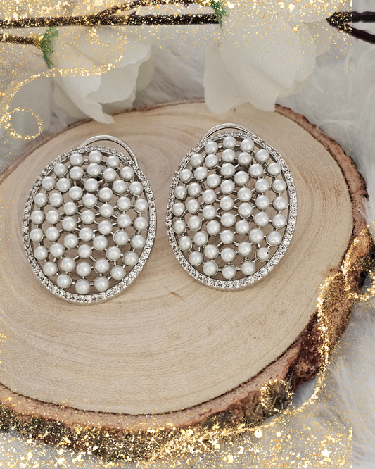 Silver Tone Pearl-Studded Oval Earrings