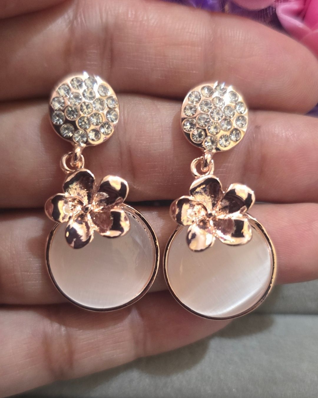 Rose Gold Floral Cat Eye Drop Earrings
