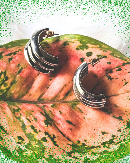 Bold Ribbed Silver Statement Hoop Earrings