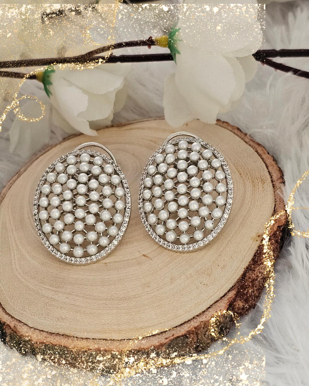 Silver Tone Pearl-Studded Oval Earrings