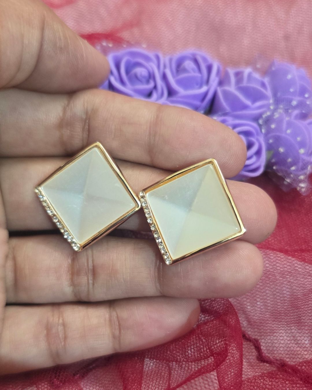 Geometric Ivory Zirconia Stud Earrings