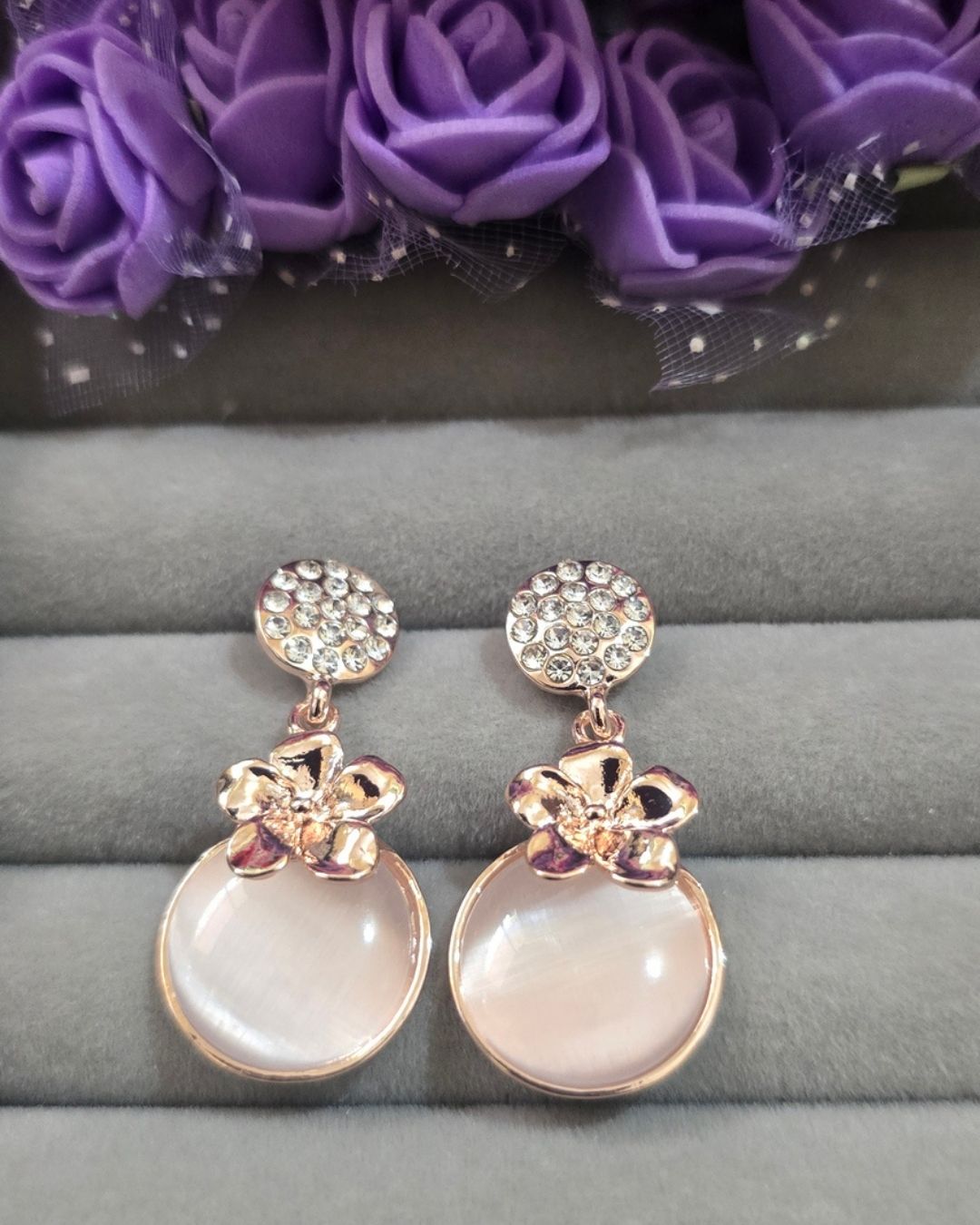 Rose Gold Floral Cat Eye Drop Earrings