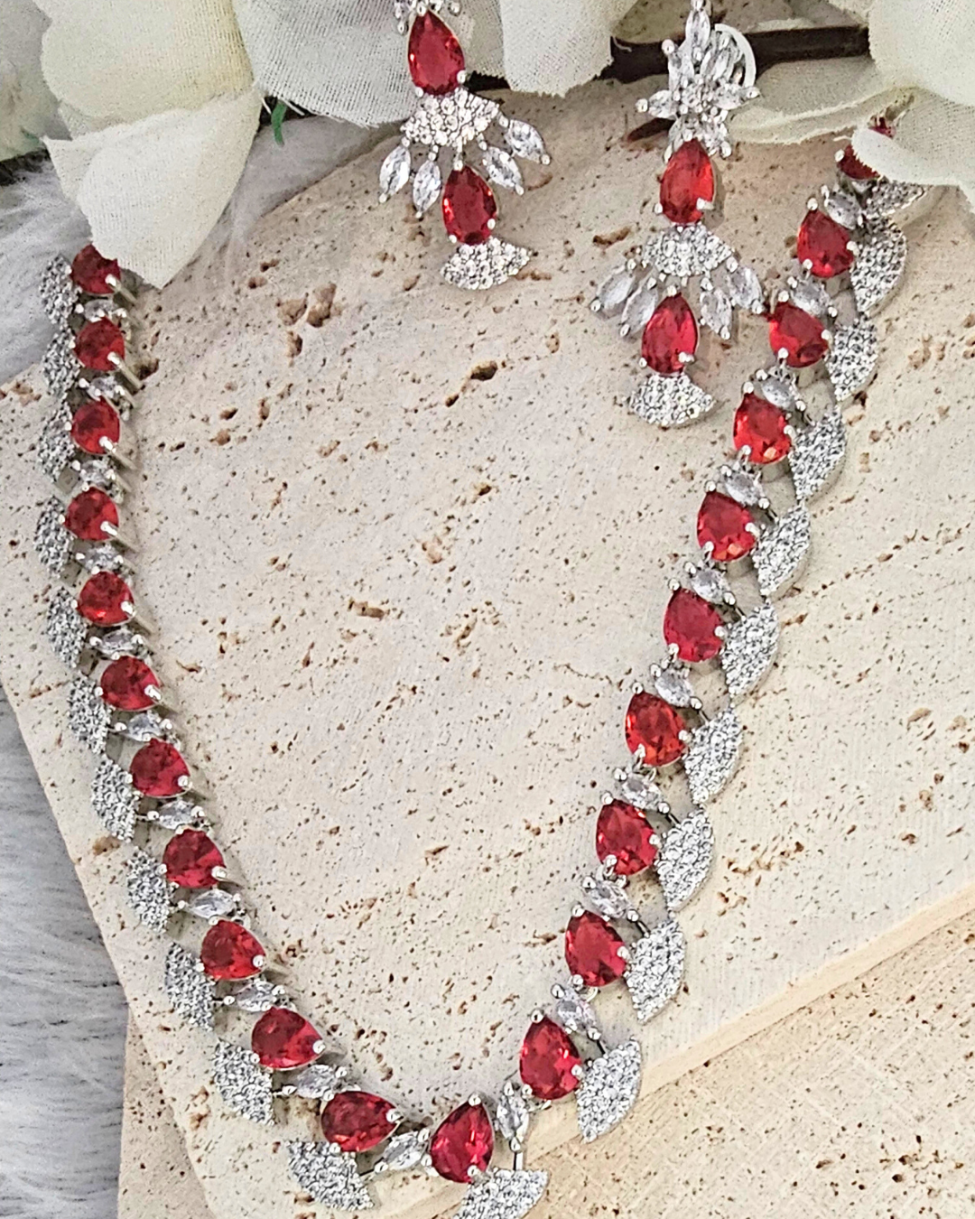 Ruby Red Teardrop Necklace and Earring Set