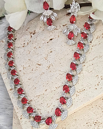 Ruby Red Teardrop Necklace and Earring Set