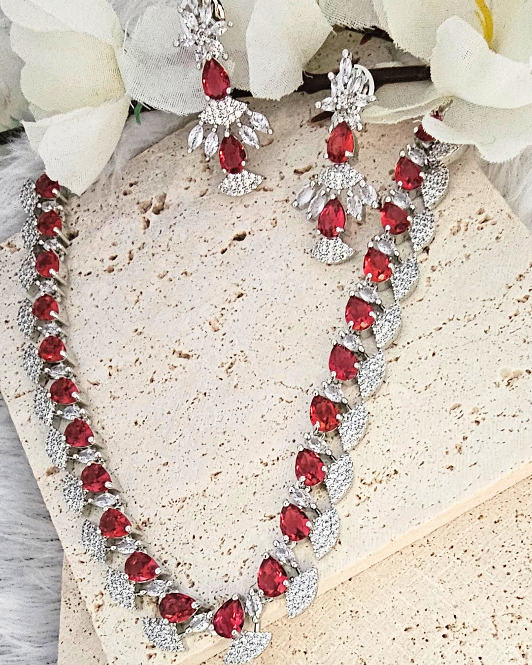 Ruby Red Teardrop Necklace and Earring Set
