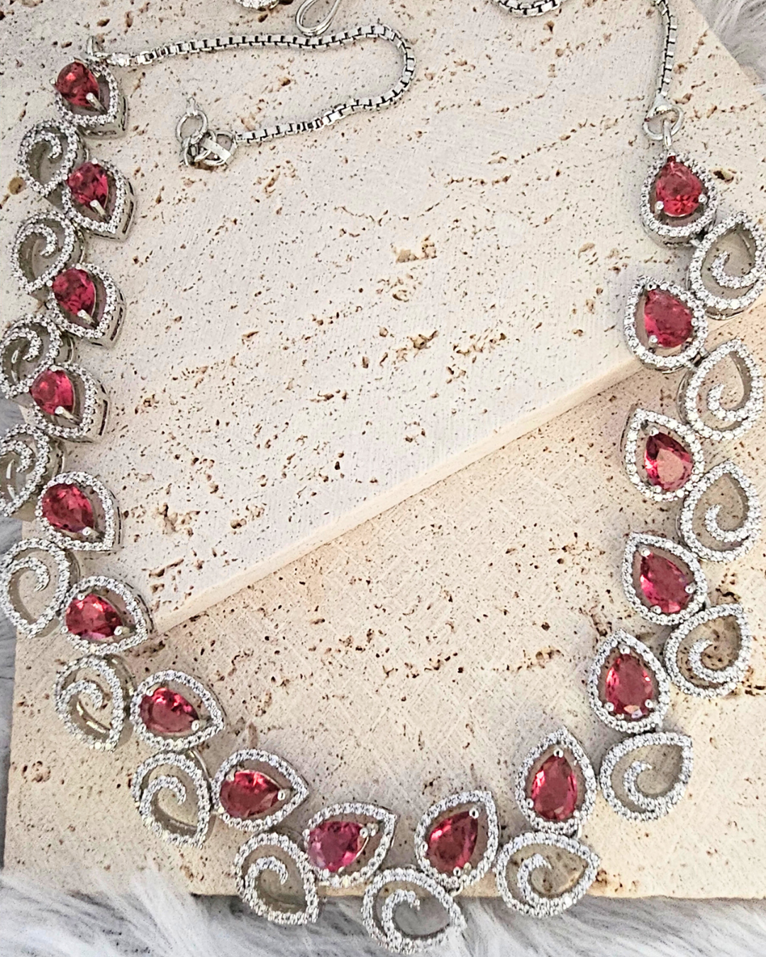 Ornate Ruby Teardrop Necklace and Earring Set