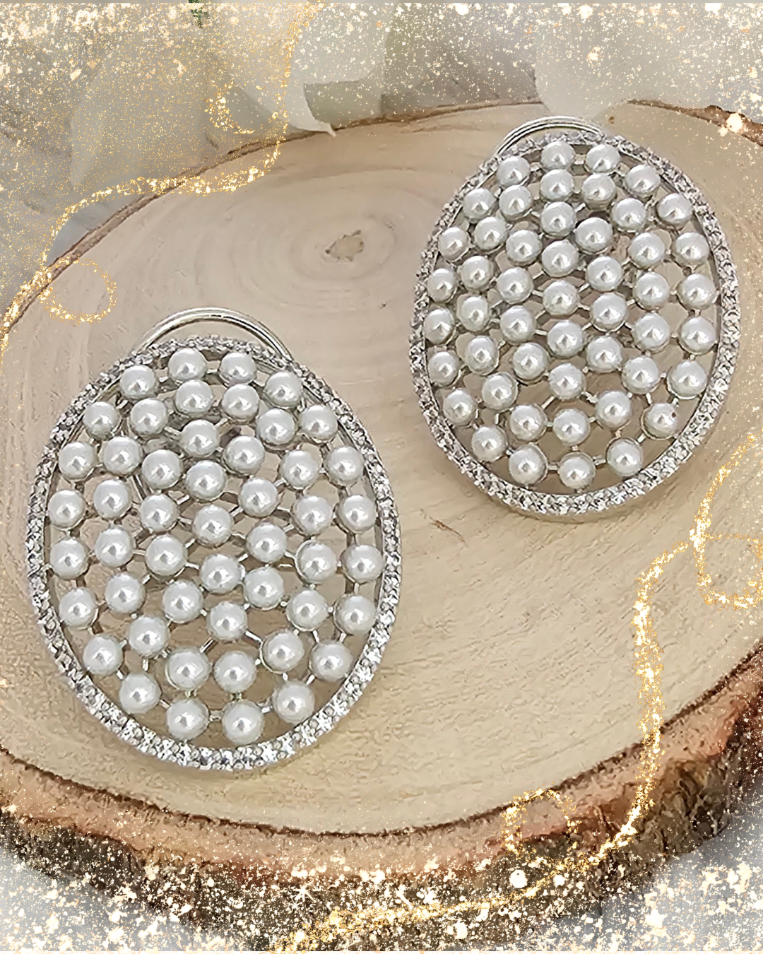 Silver Tone Pearl-Studded Oval Earrings