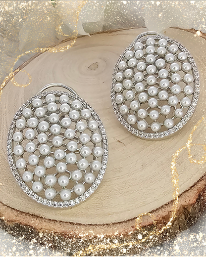 Silver Tone Pearl-Studded Oval Earrings