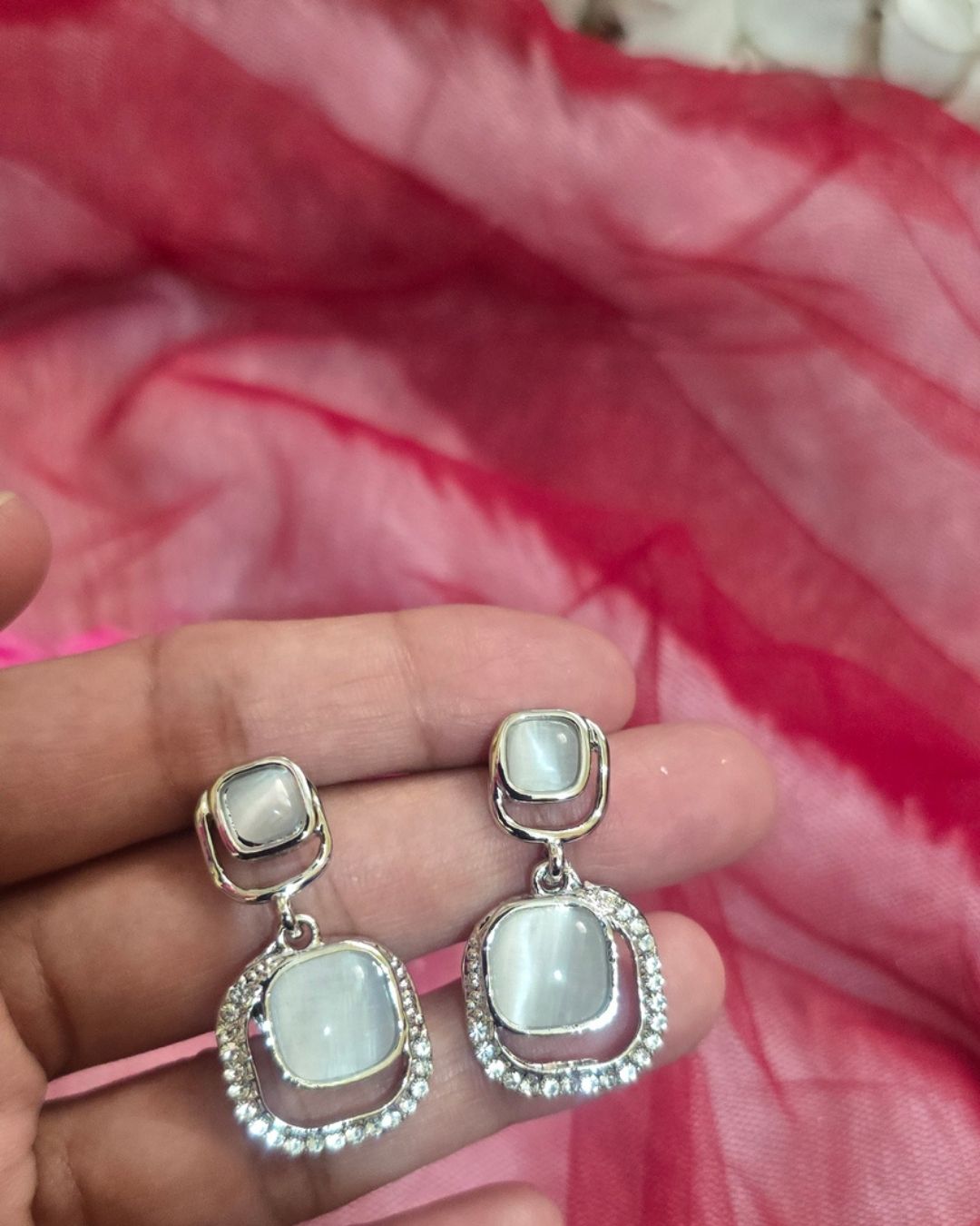 Silver Radiance Double Square Zirconia Drop Earrings