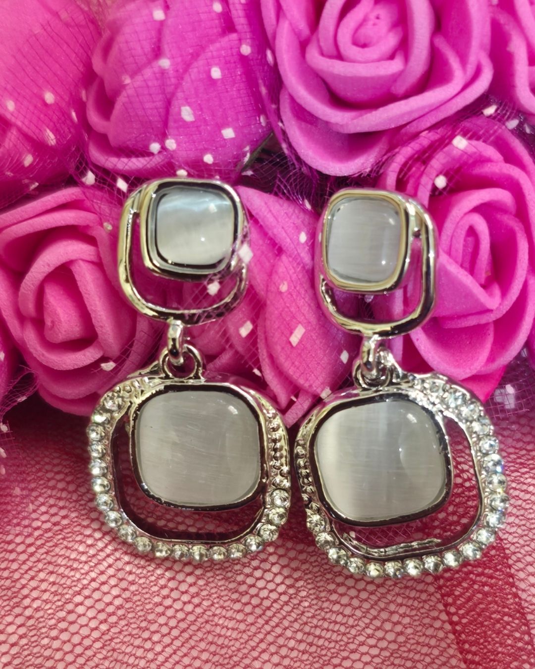 Silver Radiance Double Square Zirconia Drop Earrings